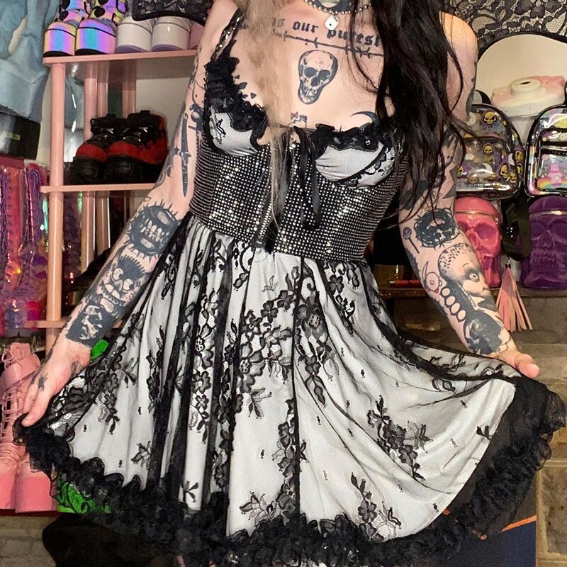 Billlnai Grunge Goth Lace  Black Dress Vintage Backless High Waist Mini Dresses Gothic Lolita Party Dress Women Club Wear