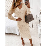 Women Office Lady Hollow Out Knitted Dress Lantern Sleeve Sexy V neck All-match Casual Party Dress 2023 Winter Fashion Dress