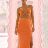 Bandage Wrap Crop Top And Skirt Set Woman Two Piece Summer Outfits High Waist Slit Long Skirt Mathing Sets Sexy Club Outfits