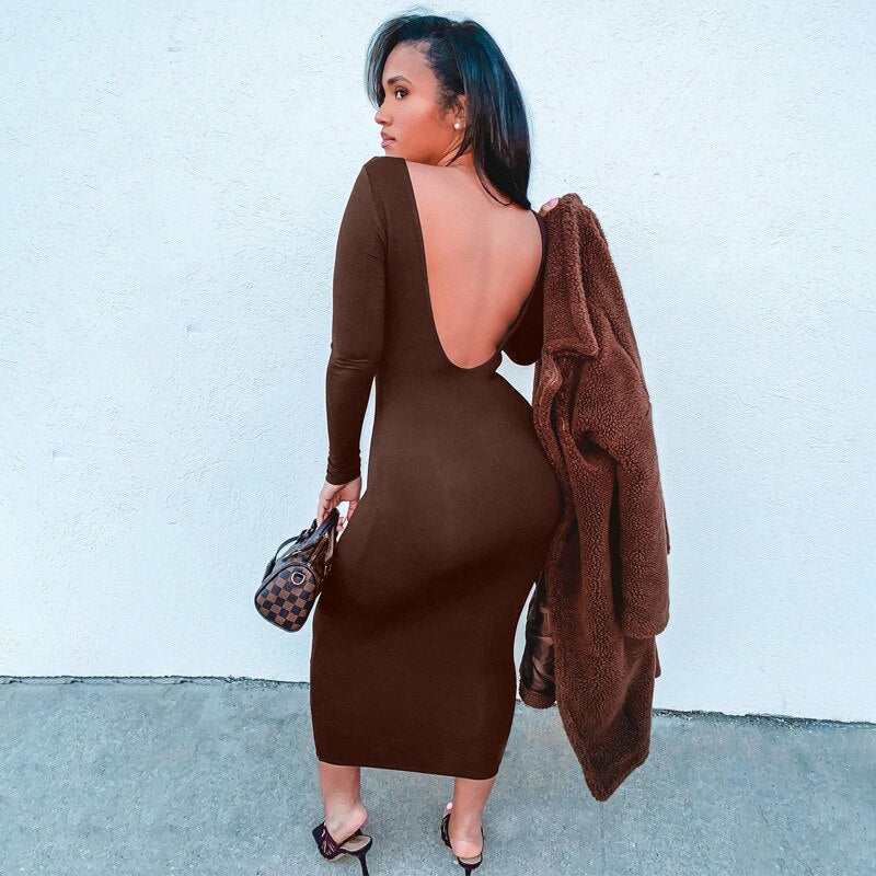 Cryptographic 2023 Spring Sexy Backless Midi Dresses Bodycon Elegant Evening Club Party Birthday Brown Long Sleeve Dress Women