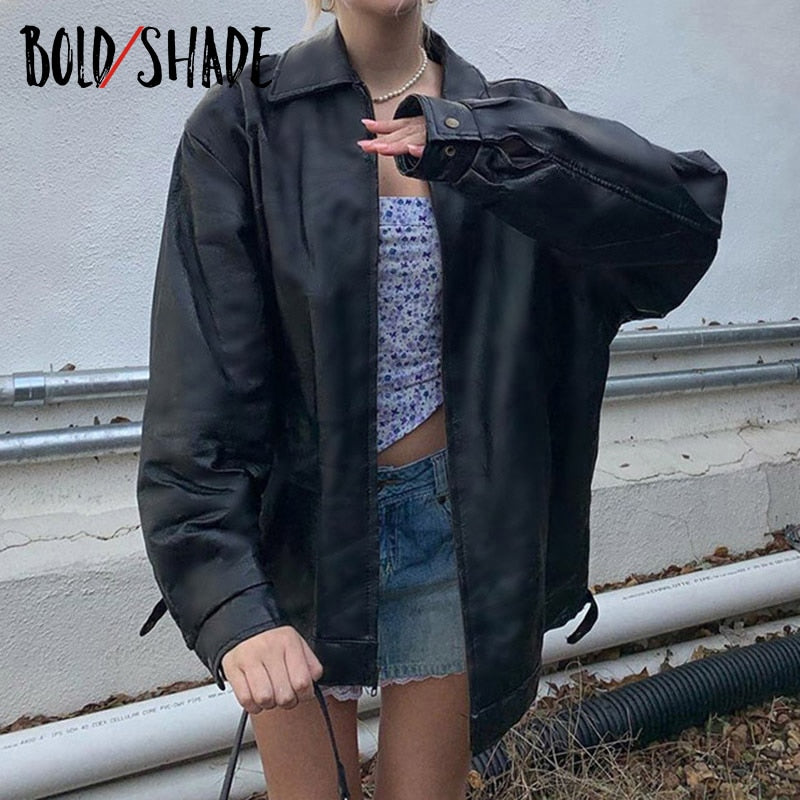 Bold Shade Streetwear Fashion Black Jackets Y2K Vintage Ovresized ZIpper Faux Leather Outerwear Turn-down Collar Indie Solid Top