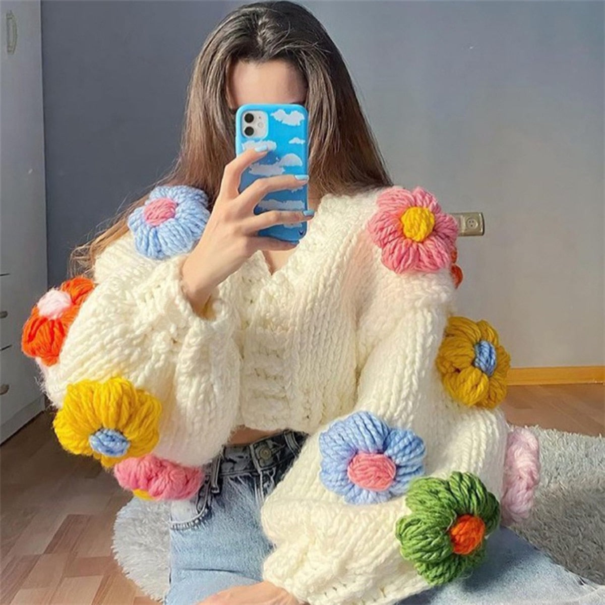Billlnai 2023  Winter Women's Cardigans Multicolor Floral Knitted Decoration Long Sleeve Loose Coats Warm Sweaters 3 Colors