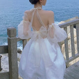 Billlnai 2023 Sleeveless Elegant Fairy Dresses Women Bow Design Sweet Vintage Dresses Femaels One Piece Dress Korean One Shoulder Summmer
