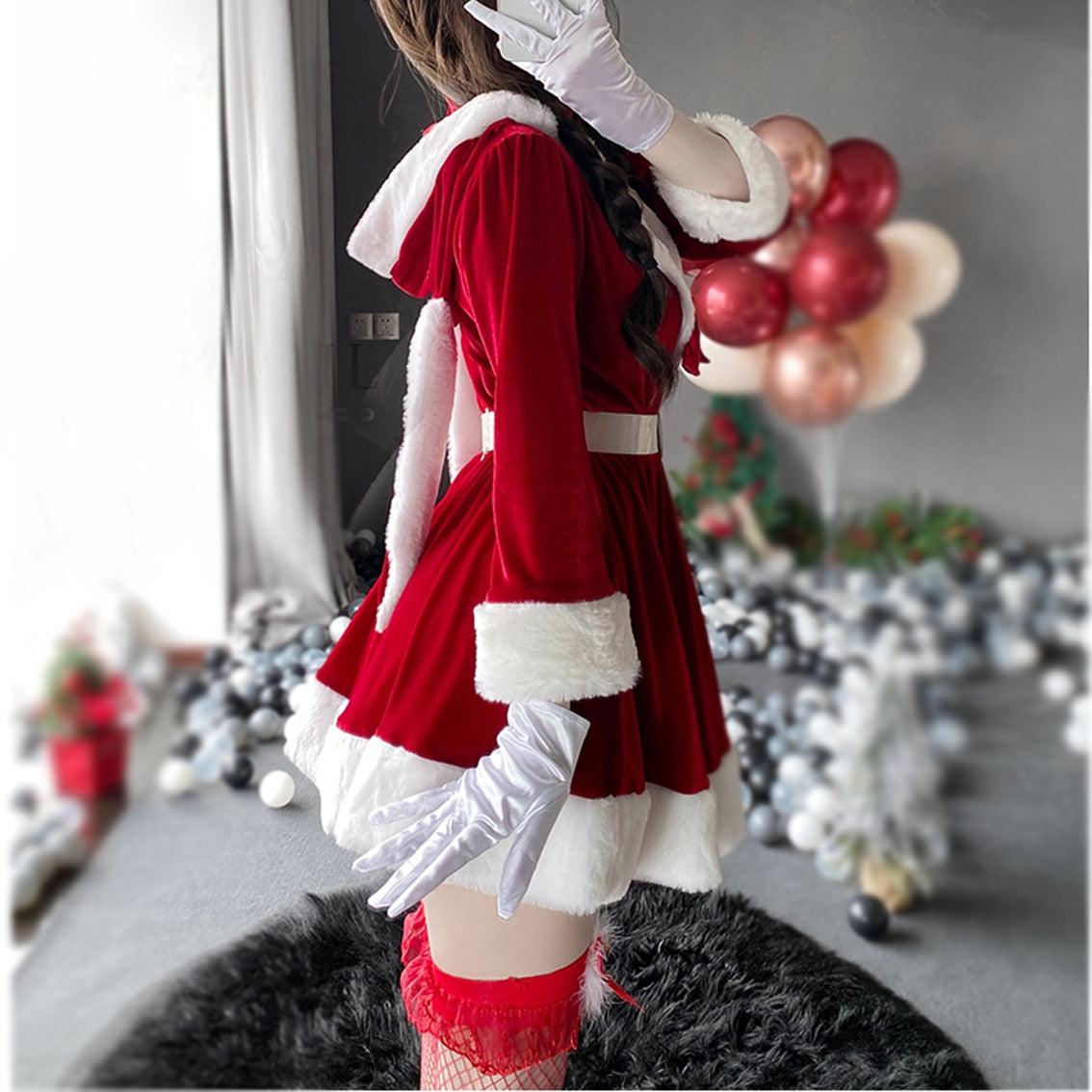 Billlnai 2023 Women Christmas Xmas Lady Santa Claus Cosplay Costume Sexy Lingerie Winter Long Sleeve Red Dress Maid Bunny Girl Uniform