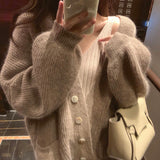 Korean Chic Autumn Winter Casual V Neck Long Sleeve Cardigans Vintage Single Breasted Knit Cardigan Office Lady Elegant Sweater