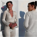 Tossy Skinny Ribbed Knit Jumpsuit Women Casual Two Piece Set Tracksuits Outwear New White V-Neck High Waist Bodycon Overalls
