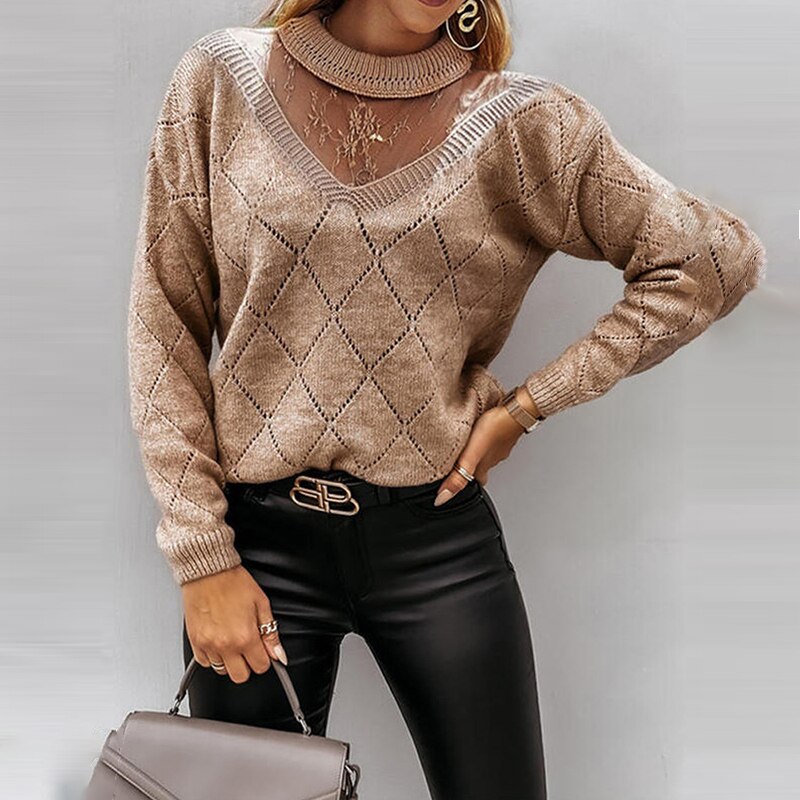 Women Casual Lace Patchwork Knitted Sweater Long Sleeve O neck Hollow Out Office Lady Pullover 2023 Autumn New Fashion Sweater