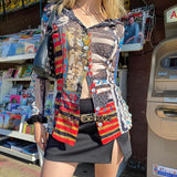 Billlnai 2023 Graduation party  Gothic Print Mesh Tops Women Harajuku Long Sleeve Turn Down Collar Tee Grunge Punk Button Up T Shirt