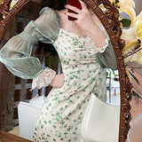 Graduation Gifts Billlnai 2023  Summer Chiffon Lace Floral Dress Women Green Puff Sleeve Vintage Midi Dress Elegant Evening Party One Piece Dress Korean