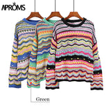 Aproms Elegant Rainbow Stripe Knit Sweater Autumn Women's Pullovers Casual Long Sleeve Hollow Out Jumper Streetwear Fashion Top
