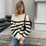 Billlnai 2023 Graduation party  Horizontal Striped White Sweater Stand Collar Batwing Sleeve Female Casual Loose-fitting Pullover 2023 Woman Office Lady