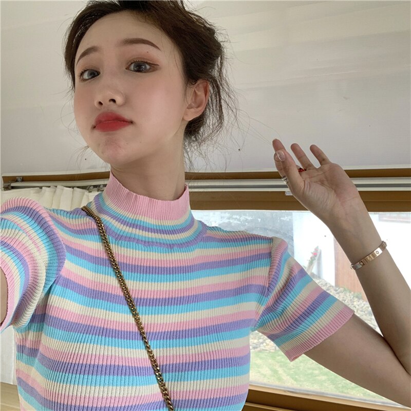 Korobov New Arrival Summer Women T Shirt Korean Colorful Striped Crop Top Tee Harajuku Streetwear Stand Collar T Shirts 78190
