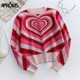Aproms Elegant Multi Heart Print Loose Pullovers and Sweaters Women 2023 Winter Warm Knitted Oversized Jumper Female Fashion Top