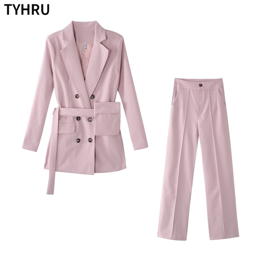 TYHRU Fashion Blazer Two-piece Sets Double breasted Women Blazer and trousers 2-piece suit