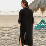2023 Black Embroidered Mid-Calf Length Long Kimono Cardigan Plus Size Beachwear Sarongs Plage Women Tops Blouse Shirts Q940