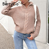 BerryGo Autumn winter polo collar sweater women's zipper pullover Long sleeve knitted sweater female Casual loose solid jumper