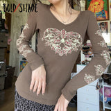 Bold Shade Y2K Fairy Core Aesthetic Tee Shirt Pattern Pint Long Sleeve Brown Women T-shirt Indie Autumn V-neck Ribbed T Shirts