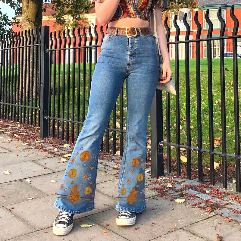 Christmas Gift WeiYao Y2K Denim Pants Woman High Waist Flared Jeans Floral Embroidery Vintage Kawaii Trousers Aesthetic Casual Sweatpants