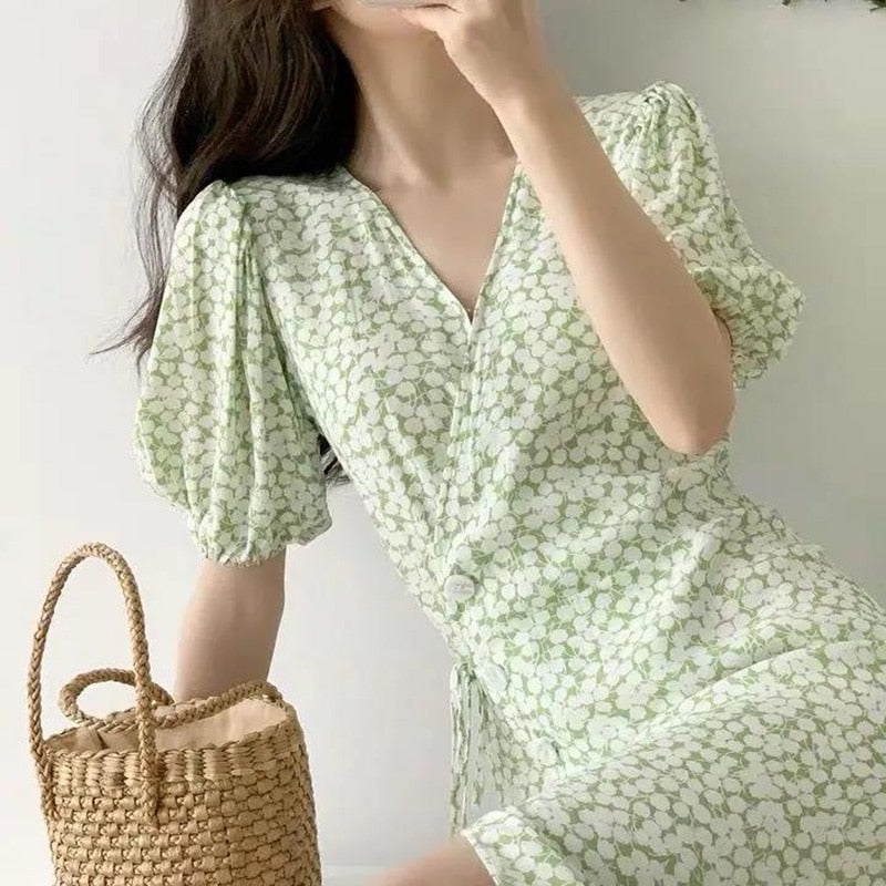 Billlnai Chiffon Dress Women French Floral Puff Sleeve V-Neck Long Dress 2023 New Korean Loose Green Dresses Female