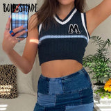 Bold Shade Grunge Fashion Streetwear 90s Tanks Knit Letter Print Sleeveless Slim Crop Tops Preppy Style Indie Clothes Aesthetic