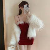 2023 Spring Summer Christmas Red  Furry Stitching Sexy Suspender Dress Bottoming Velvet Sexy Dress for Sex Night Club Bodycon