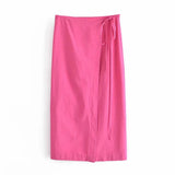 2023 New Summer Women Rose Red Vintage Casual Wrap Skirt Female Fashion Lace Slim Hight Waist Split Midi Skist