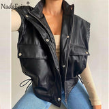 Christmas Gift Nadafair Faux Leather Jacket Coat Women 2023 Spring Casual Pu Pockets Zipper Shrug Winter Sleeveless Jackets Coats Woman Vest