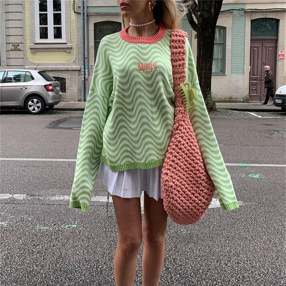 Stripe Letter Embroidery Sweater Women Long Sleeve O Neck Wave Print Casual Loose Pullover Winter Fashion Oversized Sweater 2023