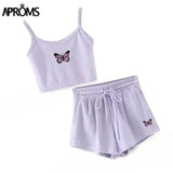 Aproms Yellow Velvet Crop Top and Shorts Women 2 Pieces Set Summer Embroidery Cami Drawstring Shorts Female Loungewear Suit 2023