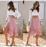 Chiffon Woman Skirts High Waisted Pink Ladies Floral Ruffle Long Skirt Summer Asymmetrical Slit Lace Up Wrap Midi Clothes 2023