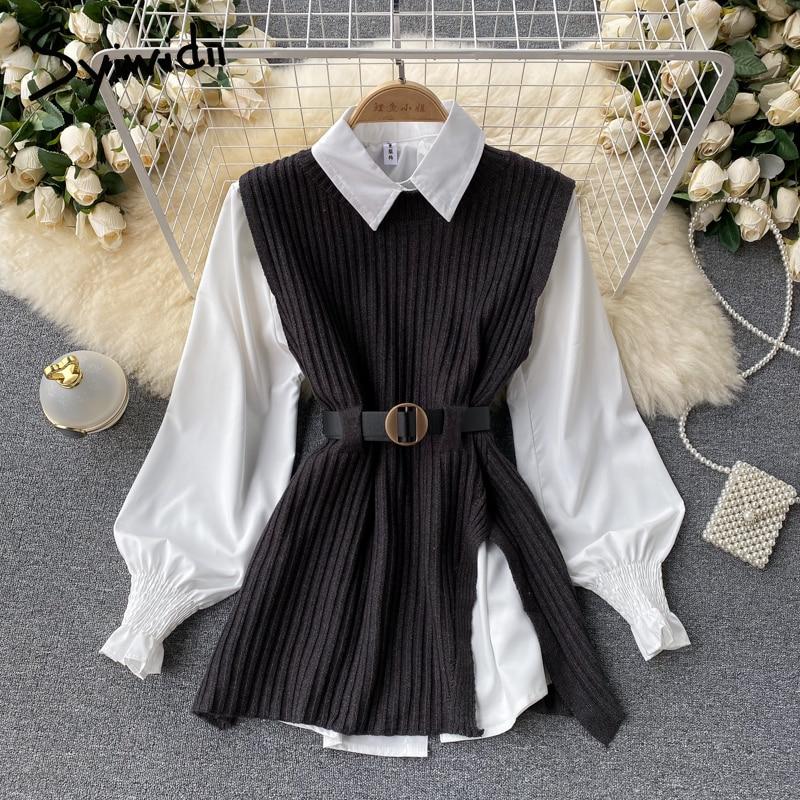 Billlnai Woman Sweater Vest Lantern Sleeve Shirt Two Piece Sets with Waistband 2023 Fall Fashion Jumpers Office Lady Pullover 1111
