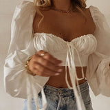 Cryptographic White Balloon Sleeve Elegant Women Top and Blouse Shirts Autumn 2023 Sexy Backless Crop Tops Solid Fashion Blusas