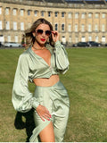 Cryptographic Silky Satin Draped Long Sleeve Crop Top and Skirts Sexy Two Pieces Women Sets Fashion Outfits Green Matching Sets