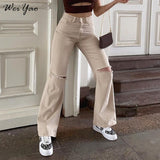 WeiYao Vintage Solid Flare Pants Holes Y2K Mom Jeans Woman High Waist Slim Streetwear Joggers Aesthetic Korean Denim Trousers