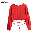 Aproms Soft Satin Backless Bow Tie T-shirt Female 2023 Summer Fashion Long Sleeve Slim Tshirt Basic Crop Top for Women Clothing