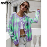 Aproms Vintage Green Purple Plaid Knitted Cardigan Women Winter Oversized Soft Sweater Female High Fashion Outerwear 2023