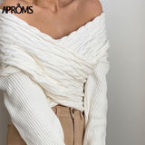 Aproms Elegant Off Shoulder Knitted Sweaters Women 2023 Winter Fashion Criss-Cross Cropped Pullovers White Soft Warm Jumpers Top