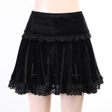 Helloween Big Sale Billlnai Mall Gothic Aesthetic Velvet Pleated Mini Skirts Women Vintage Harajuku Emo Alt Clothes High Waist Lace Ruffles Skirt