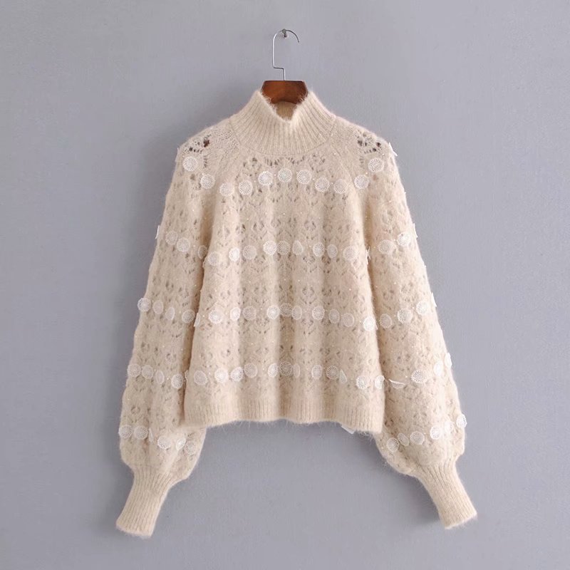 Ardm Za Lace Stripe Patchwork Woman Sweaters Knitted Loose Sweet Sweater Vintage High Neck Lantern Sleeve  Pullover Women Tops