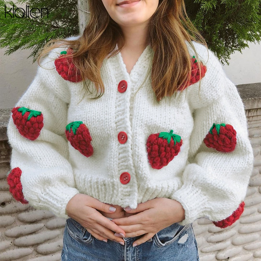 Billlnai 2023  Graduation Party  Fashion Elegant Cute Print Strawberry Single Breasted Sweater Women Autumn Thicken Warm Cardigan Sweater Streetwear