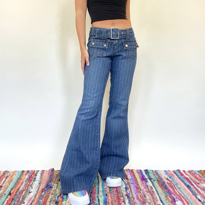 Billlnai 90s Streetwear Vintage Y2K Flare Jeans Woman Low Waist Cargo Pants Patchwork Pockets Slim Casual E Girl Denim Trousers