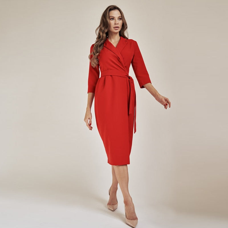 Churses Casual Suit Collar Belt Straight Dress Autumn Seven Sleeve Solid Color Home Wear Office Lady Dresses For Women 2023