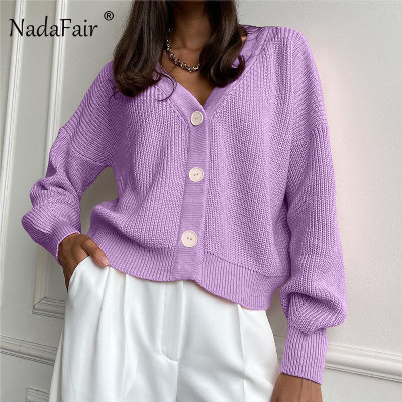 Christmas Gift Nadafair V Neck Casual Cardigans for Women Green Autumn Oversized Sweaters Jumpers Button Up Solid Winter Knitted Cardigans