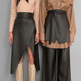 Ardm Woman Skirts Fashion A-Line PU Hight Waist Elastic With Belt Mini Skirt Vintage Faldas Ladies Office Black Jupe Femme
