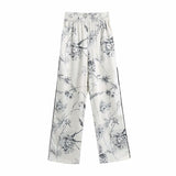 Ardm Fashion Floral Print Wide Leg Pantalones Women 2023 Vintage Elastic Waist Pockets Pant Female Tie Flowers Trousers Mujer