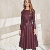 Billlnai Sexy O-Neck Belt Faux PU Leather Dresses Autumn Winter Long Sleeve Night Club A-Line Party Dresses For Women 2023