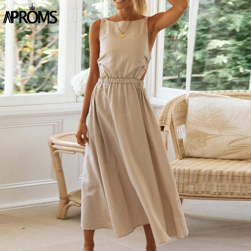Aproms Elegant Cotton Linen Midi Dress Women 2023 Summer Fashion Sundresses Lady Casual Backless Crossover Basic A-line Dresses