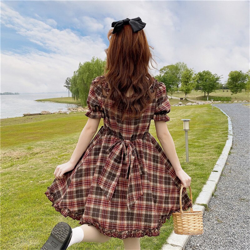 Japanese girl sweet retro square collar French Lolita daily plaid high waist bubble sleeve dress bowknot cute dresses summer