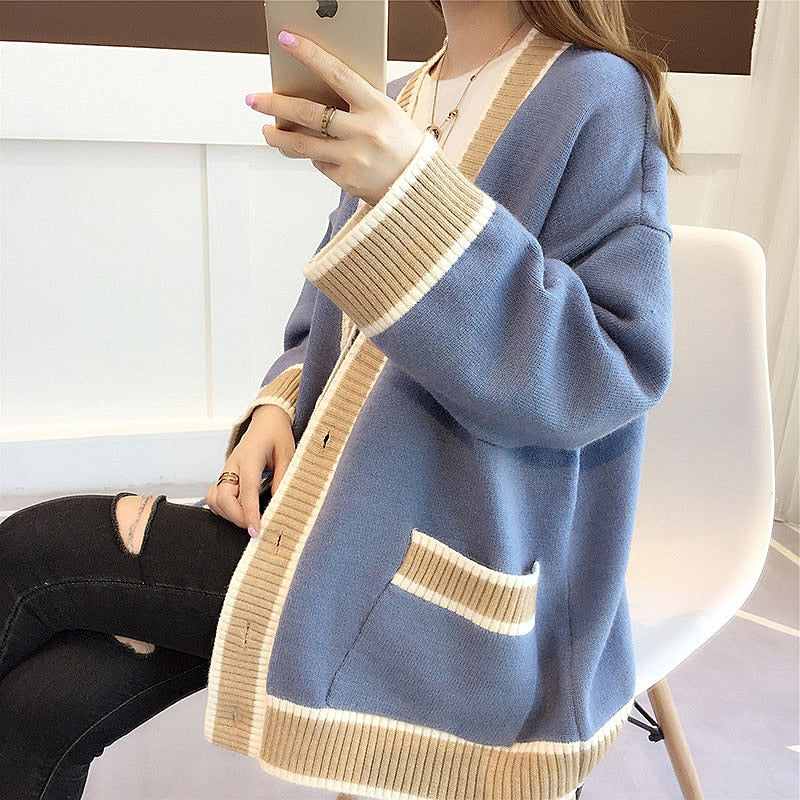 Women's Cardigan Knitted Oversized Korean Fashion Sweater Women Fall Winter Long Sleeve V-neck Casual Knitwear Female Coats