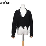 Aproms Tassel Deep V Knitted Pullover Female Autumn Winter White Long Sleeve Knit Crochet Sweaters Women Cropped Jumper Pull Top